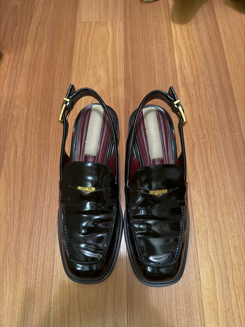 Franco Sarto Black Patent Slingback Loafers with Gold Accent